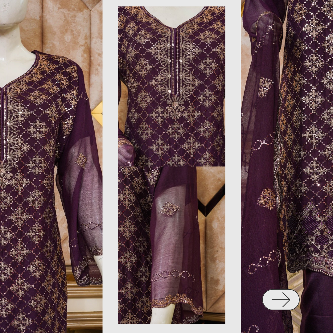 4pc - Stitched Embroidered Chiffon Luxury Suit