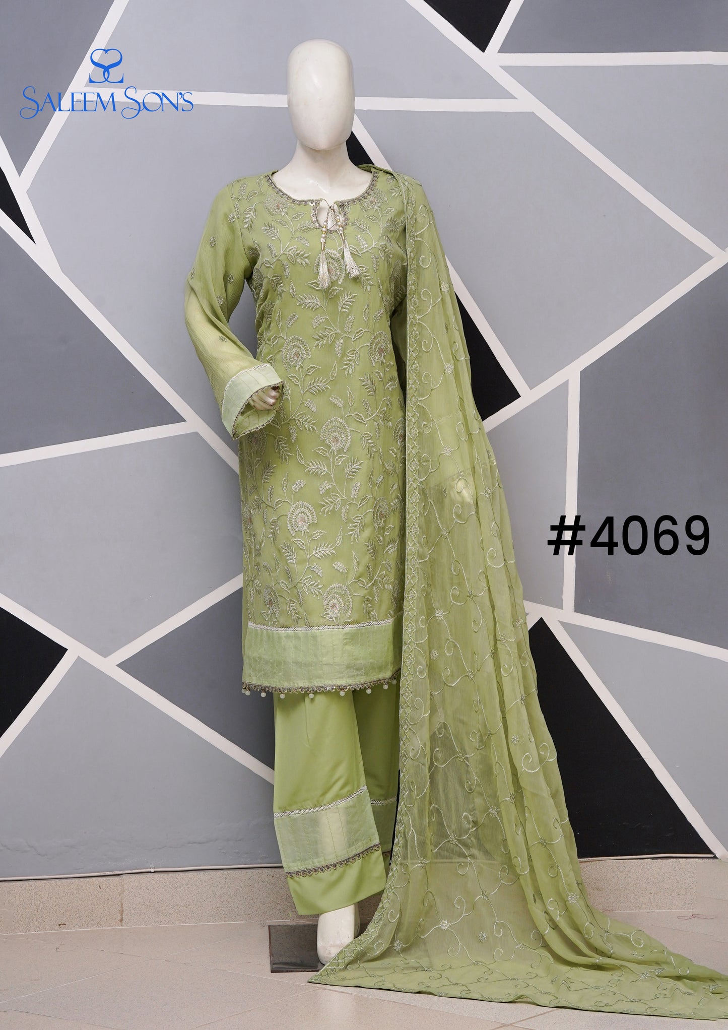 4PC - STITCHED EMBROIDERED CHIFFON SUIT