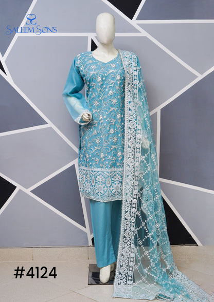 4pc - Stitched Embroidered Organza Net Luxury Suit