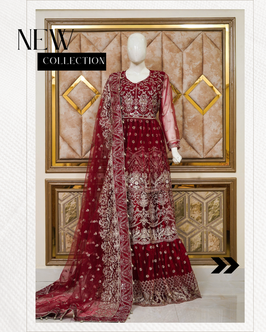 4pc - Semi Stitched Embroidered Net Luxury Lehenga